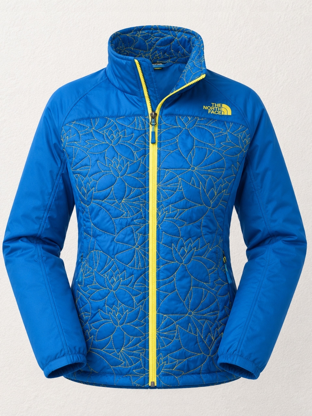 North Face Women's Small Puffer Jacket Blue Yellow Embroidered Quilted Catawissa